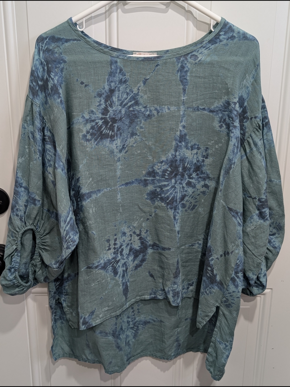 Bellambra Italy Linen Tie Dye Shibori Blouse Balloon Sleeve Lagenlook Boho”